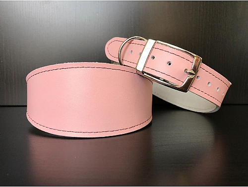Lined Baby Pink - Whippet Leather Collar - Size M - Burgundy Stitching